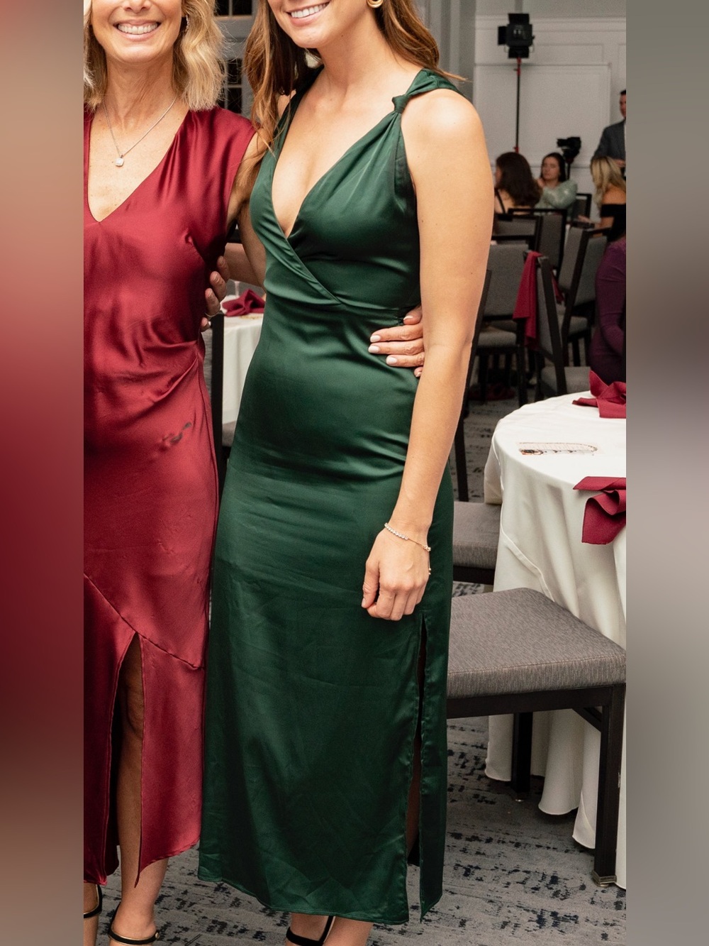 Green Satin Midi Dress with V-Neck